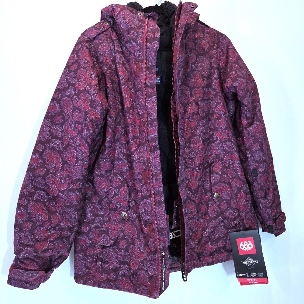 NWT 686 4EVA-After Insulated Wine Paisley Herringbone Snowboard Jacket Size M